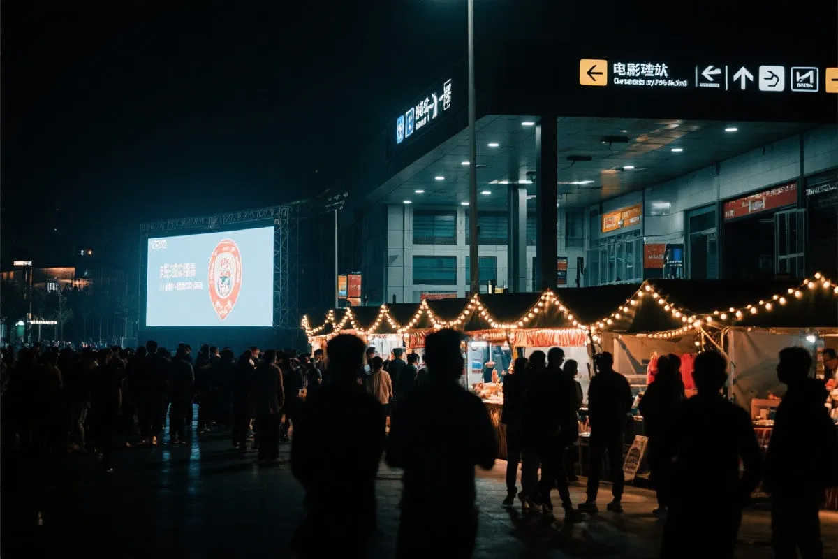 费城球迷广场夜景：大屏观赛人群、步行指示牌与公共交通入口